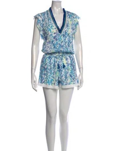 Pre-owned Poupette St Barth Floral Print V-neck Romper In Blue