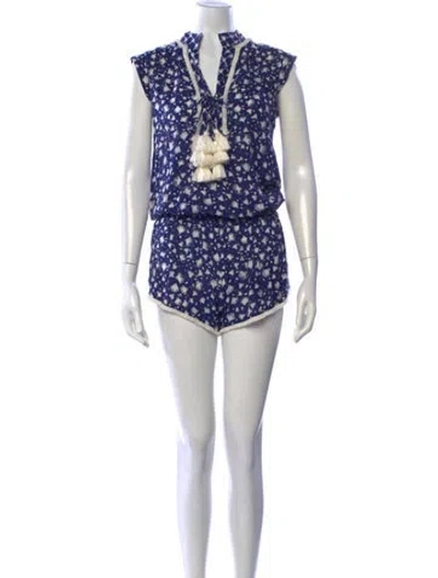 Pre-owned Poupette St Barth Floral Print V-neck Romper In Blue