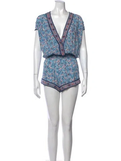 Pre-owned Poupette St Barth Floral Print V-neck Romper In Blue
