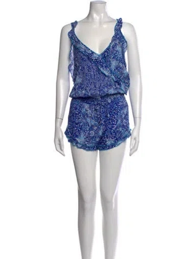 Pre-owned Poupette St Barth Floral Print V-neck Romper In Blue
