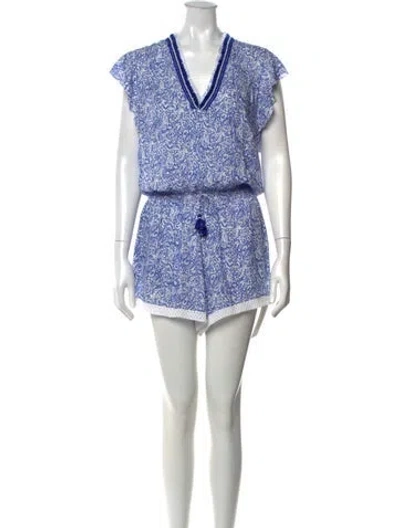 Pre-owned Poupette St Barth Floral Print V-neck Romper In Blue
