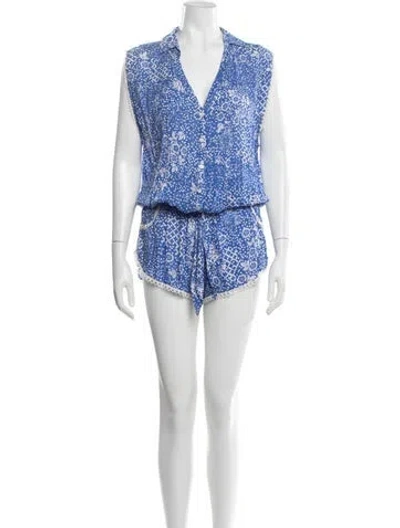 Pre-owned Poupette St Barth Floral Print V-neck Romper In Blue
