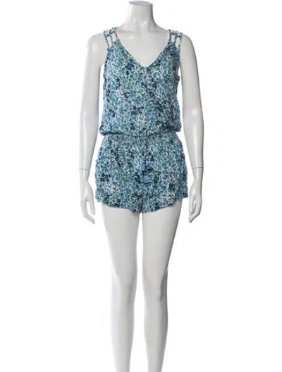 Pre-owned Poupette St Barth Floral Print V-neck Romper In Blue