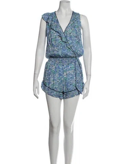 Pre-owned Poupette St Barth Floral Print V-neck Romper In Blue