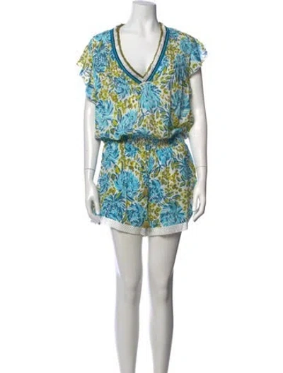 Pre-owned Poupette St Barth Floral Print V-neck Romper In Blue