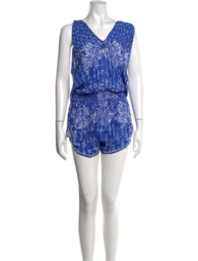 Pre-owned Poupette St Barth Floral Print V-neck Romper In Blue