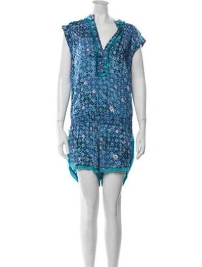 Pre-owned Poupette St Barth Floral Print V-neck Romper In Blue
