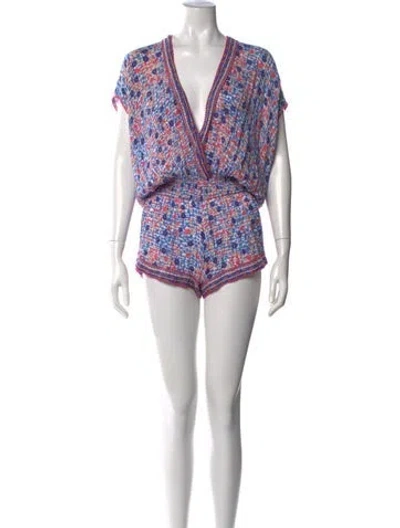 Pre-owned Poupette St Barth Floral Print V-neck Romper In Blue/green