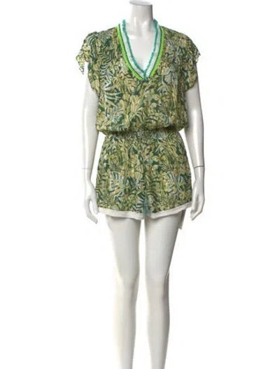 Pre-owned Poupette St Barth Floral Print V-neck Romper In Green