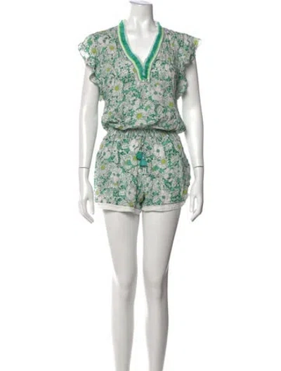Pre-owned Poupette St Barth Floral Print V-neck Romper In Neutrals