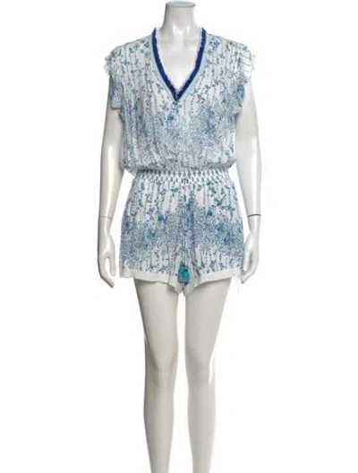 Pre-owned Poupette St Barth Floral Print V-neck Romper In Neutrals
