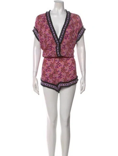 Pre-owned Poupette St Barth Floral Print V-neck Romper In Pink