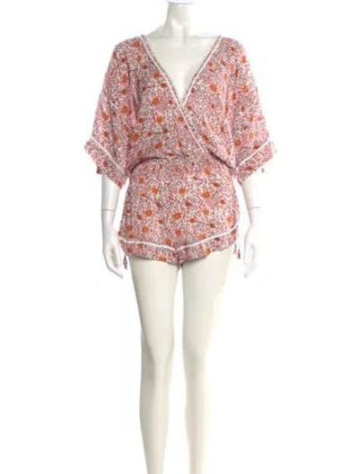 Pre-owned Poupette St Barth Floral Print V-neck Romper In Pink