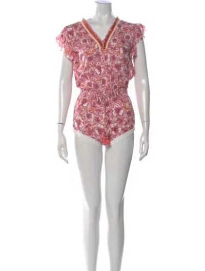 Pre-owned Poupette St Barth Floral Print V-neck Romper In Pink