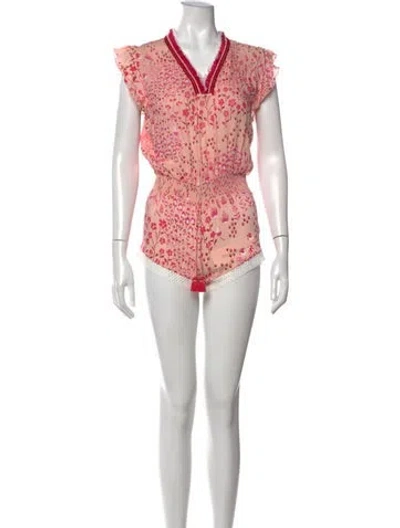 Pre-owned Poupette St Barth Floral Print V-neck Romper In Pink