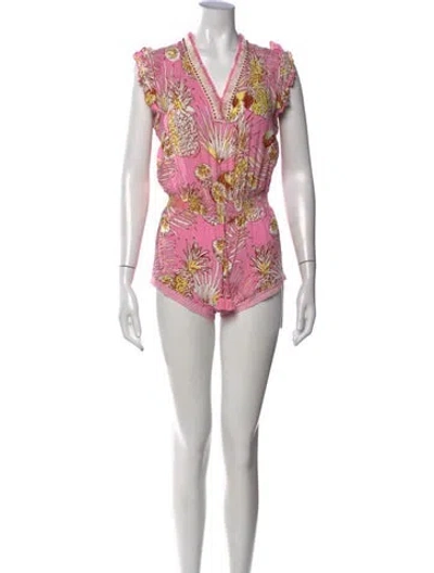 Pre-owned Poupette St Barth Floral Print V-neck Romper In Pink