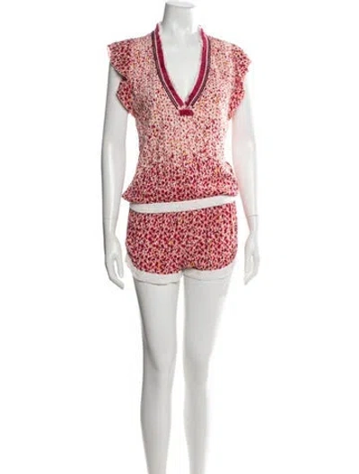 Pre-owned Poupette St Barth Floral Print V-neck Romper In Pink