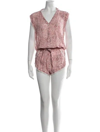 Pre-owned Poupette St Barth Floral Print V-neck Romper In Pink