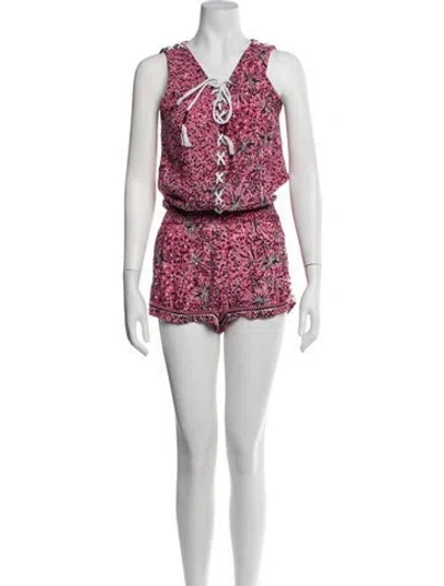 Pre-owned Poupette St Barth Floral Print V-neck Romper In Pink