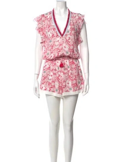 Pre-owned Poupette St Barth Floral Print V-neck Romper In Red