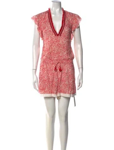 Pre-owned Poupette St Barth Floral Print V-neck Romper In Red
