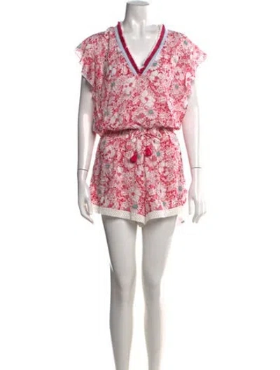 Pre-owned Poupette St Barth Floral Print V-neck Romper In Red