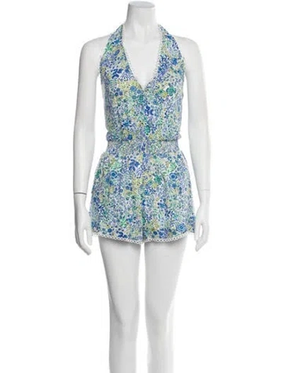 Pre-owned Poupette St Barth Floral Print V-neck Romper W/ Tags In Blue