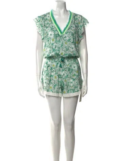 Pre-owned Poupette St Barth Floral Print V-neck Romper W/ Tags In Green