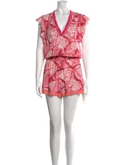 Pre-owned Poupette St Barth Floral Print V-neck Romper W/ Tags In Pink/red