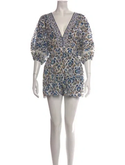 Pre-owned Poupette St Barth Floral Print V-neck Romper W/ Tags In White