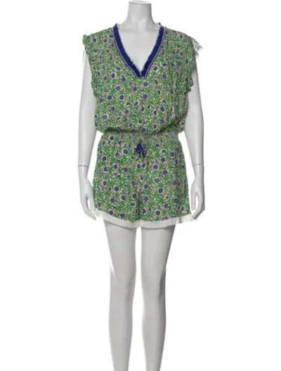 Pre-owned Poupette St Barth Floral Print V-neck Romper In White