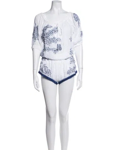 Pre-owned Poupette St Barth Floral Print V-neck Romper In White