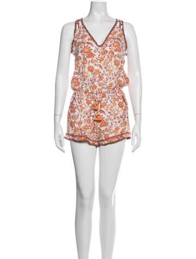 Pre-owned Poupette St Barth Floral Print V-neck Romper In White