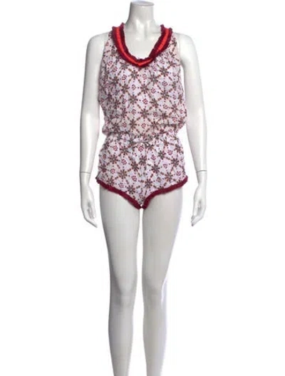 Pre-owned Poupette St Barth Floral Print V-neck Romper In White