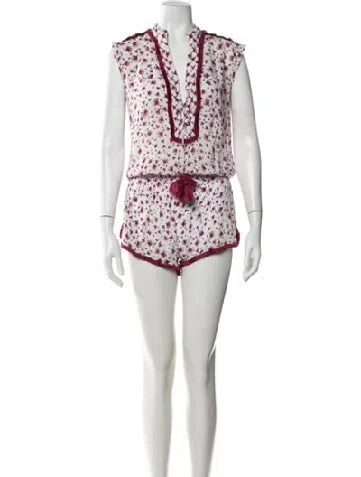 Pre-owned Poupette St Barth Floral Print V-neck Romper In White