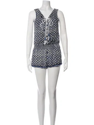Pre-owned Poupette St Barth Floral Print V-neck Romper In White