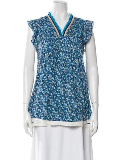 Pre-owned Poupette St Barth Floral Print V-neck Top In Blue