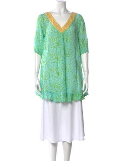 Pre-owned Poupette St Barth Floral Print V-neck Tunic In Green