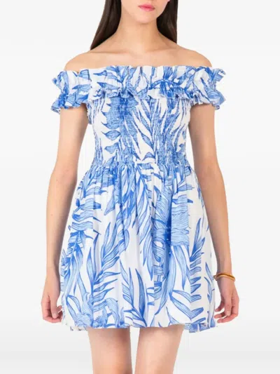 Poupette St Barth Floral-print Off-shoulder Mini Dress In Blue