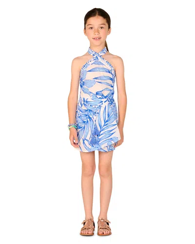 Poupette St Barth Girls' Palm Leaf Print Dress - Little Kid, Big Kid In Blue