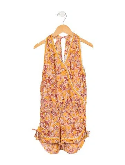Pre-owned Poupette St Barth Kids' Girls Pattern Printed Pleated Romper In Yellow