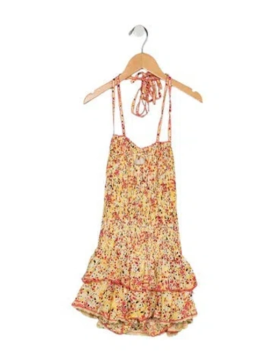 Pre-owned Poupette St Barth Kids' Girls Pleated Pattern Printed Romper W/tags In Yellow