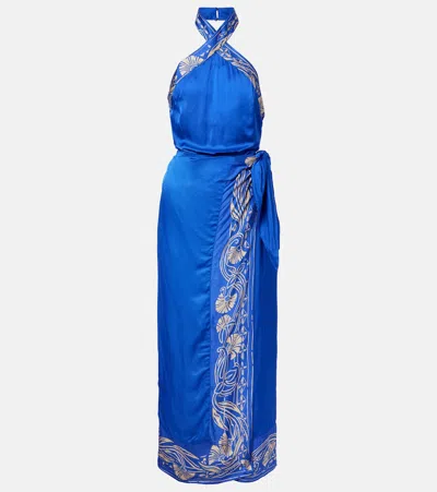 Poupette St Barth Hana Floral Halterneck Satin Maxi Dress In Blue