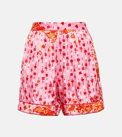 Poupette St Barth Isabelle Floral Satin Shorts In Bright Red/bubblegum Pink