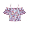 Poupette St Barth Kids Donna Off Shoulder Blouse Blue Kookoo Bird In Multi