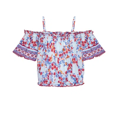 Poupette St Barth Kids Donna Off Shoulder Blouse Blue Kookoo Bird In Multi