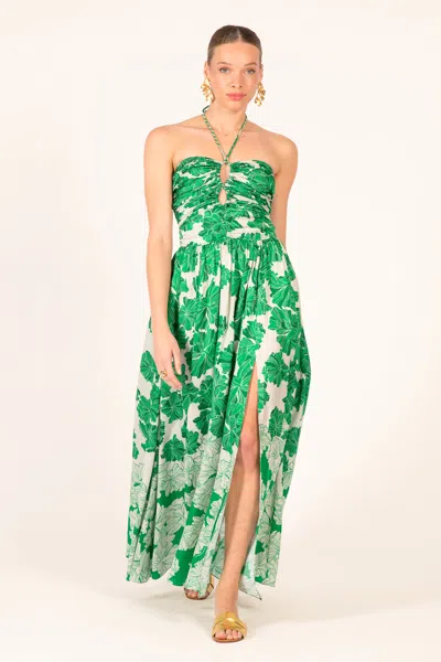 Poupette St Barth Avril Floral Halterneck Satin Maxi Dress In Green