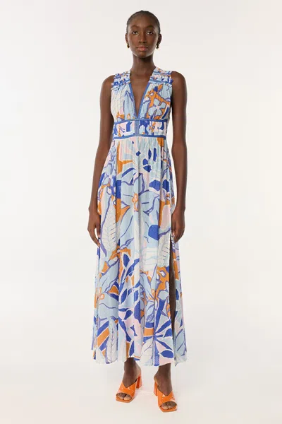 Poupette St Barth Long Dress Chiara In Blue Macro Lilium