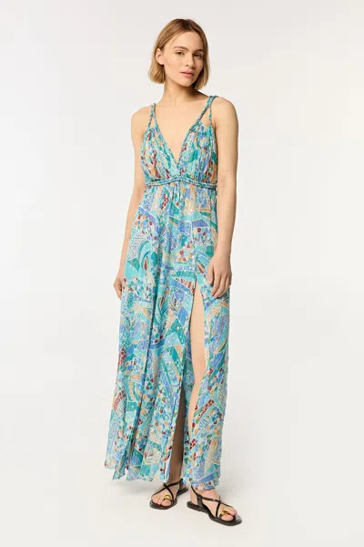 Poupette St Barth Long Dress Collette In Blue Mosaic