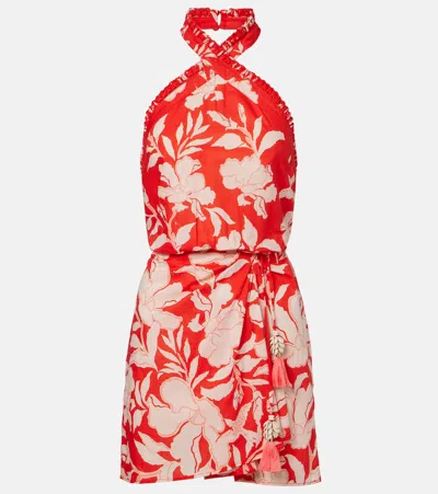 Poupette St Barth Manon Floral Halterneck Cotton Minidress In Red